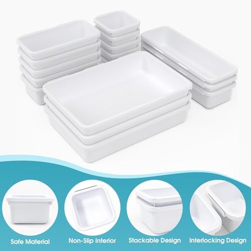 16 PCS Drawer Organizer Set, 4 Size Makeup Drawer Divider Organizer With Non-Slip Pads, Interlocking Plastic Storage Bins for Office,Jewelry Vanity,Gadgets, Bathroom,Kitchen, White - Image 3