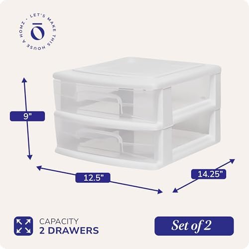 HOMZ 2 Drawer Storage Cart, Wide Plastic Container, White Frame, 2 Pack - Image 3