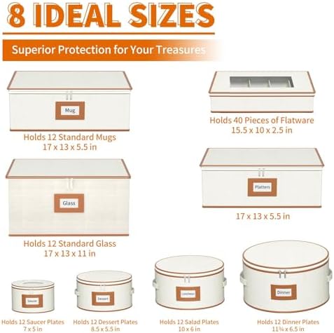 Aokeyee 8-Piece China Storage Containers Set, Hard Shell Moving Boxes for Dishes, Plates, Mugs, Wine Glass & Flatware – Dinnerware Organizer with Soft Felt Dividers, Sturdy Handles & Zippers, Ivory - Image 2