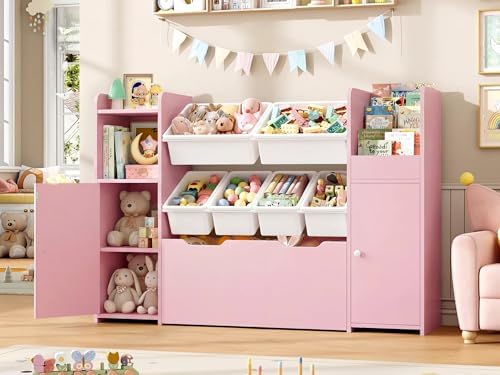 55'' Toy Storage Organizer & Kids Bookshelf with Large Wood Toy Chest, Pink by HIFIT