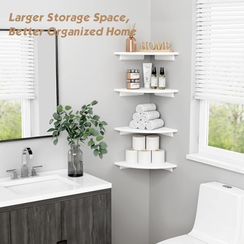 Forbena Corner White Floating Book Shelves for Wall Set of 4, Wood Nursery Corner Bookshelf for Kids Bedroom, Large Modern Round Wall Bookshelves for Living Room Decor, Indoor Plants, Bathroom - Image 3