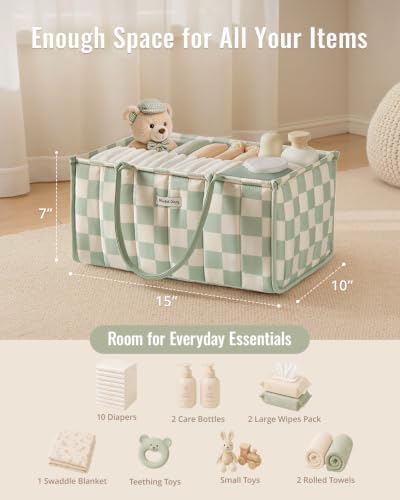 Blissful Diary Gingham Diaper Caddy Organizer, Nursery Storage, Light Green - Image 4