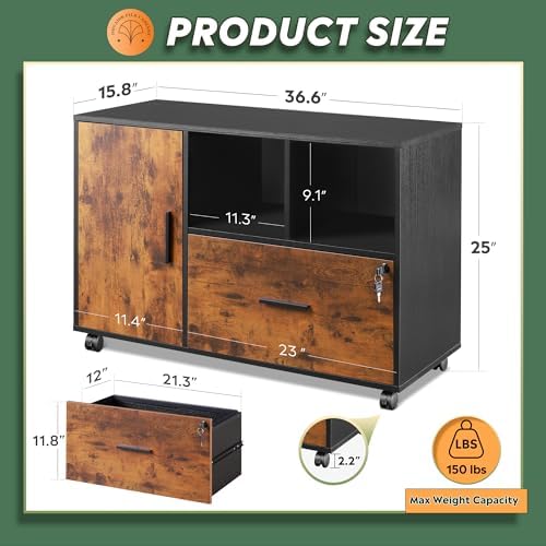 DEVAISE Printer Stand with Storage, Mobile Wood File Cabinet, Rustic Brown - Image 3