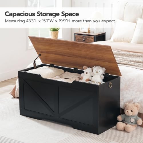HOOBRO Storage Bench, 39.4" Retro Wooden Storage Chest with U-Shaped Cut-Out Pull, Safety Hinge, Supports 330 lb and Easy Assembly for Toy Box Organizer (Black and Walnut) BH771CW01G1 - Image 3