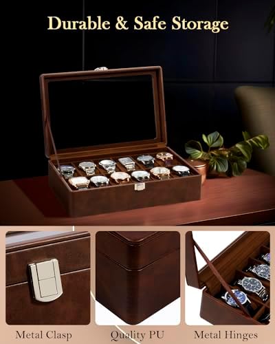 GUKA Watch Case, 12 Slot Watch Box with Large Real Glass Lid, Watch Organizer with Removable Watch Pillow, Brown Retro Synthetic Leather Watch Display, Brown - Image 3