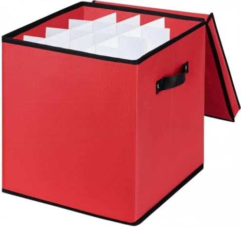 Mobi Lock Christmas Ornament Storage Box with Dividers - Holiday Ornament Organizer Bag - Holds 64 Balls - Durable Red Fabric Container, No Tray - Foldable Xmas Decorations Storage by MobiLock