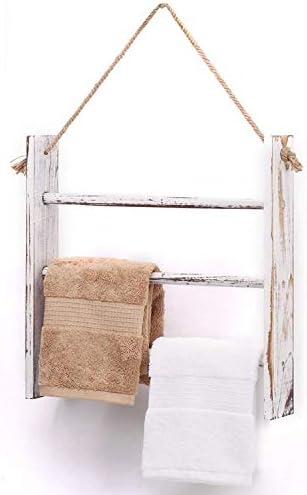 Rustic Wood Ladder Hand Towel Rack for Bathroom, Farmhouse Blanket Ladder for Living Room Hanging Decorative Rack for Blankets Whitewashed Towel Rack with Rope (Whitewashed) - Image 5