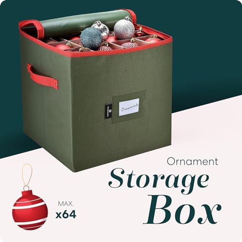Handy Laundry, Christmas Ornament Storage, Stores up to 64 Holiday Ornament, Adjustable Dividers, Zippered Top, Two Handles Attractive Storage Box Keeps Decorations Clean & Dry for Next Season, Green - Image 2