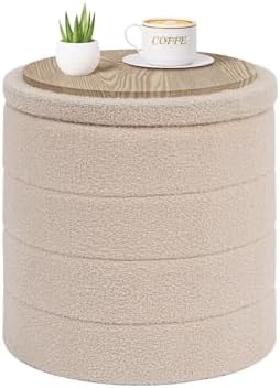 PINPLUS Round Folding Storage Ottoman, Beige Boucle Footstool by PINPLUS