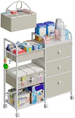 Cidaziya 2In1 Baby Diaper Caddy Organizers and Storage, 3 Tier Rolling Cart with Dividers and Drawers, Mobile Utility Cart Baby Dresser Clothes Organizer for Changing Table, Crib Nursery, Bedroom by Cidaziya