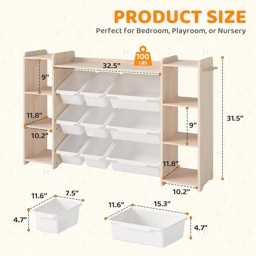 GITAWUSA Toy Storage Organizer, Kids Bookshelf with 6 Shelves, 9 Toy Bins & 6 Hooks | Toy Shelf, Storage Bin Unit, Toy Organization for Playroom, Nursery, Bedroom, Toddler Room, White, 57''W - Image 2