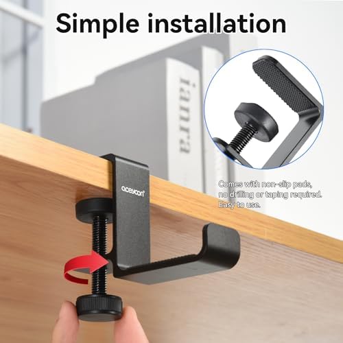 aceyoon Under Desk Headphone Hanger, Aluminum Headphone Stand,Headset Holder Space-Saving for Bag/Backpack/GamingHeadphone, Black - Image 2