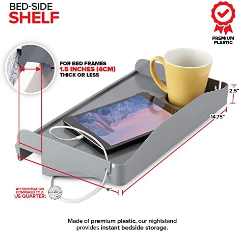 Modern Innovations Bedside Shelf for Bed, College Dorm Room, Bunk Bed Shelf for Top Bunk, Clip On Nightstand Tray with Cord and Cup Holder, Bunkbed Caddy for Table Storage (Dark Gray) - Image 2