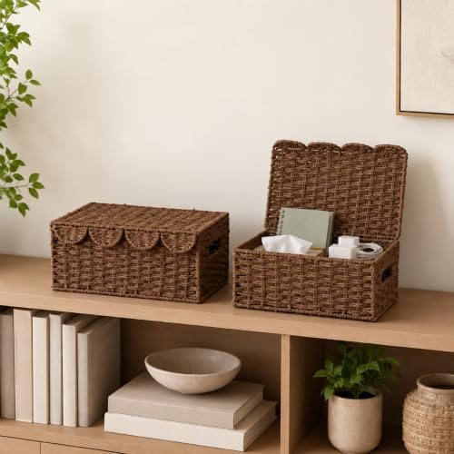 Set of 2 Scalloped Baskets, Paper Rope Wicker Baskets with Lids, Coffee - Image 5