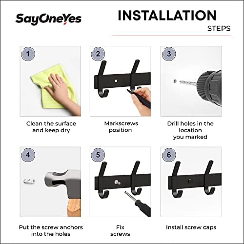 Coat Rack Wall Mount – 17 Inch Stainless Steel Hook Rail with 6 Double Coat Hooks for Hanging – Wall Mounted Entryway Organizer for Coats, Hats, Bags, Towels, Robes, Bedroom or Bathroom - Black - Image 7