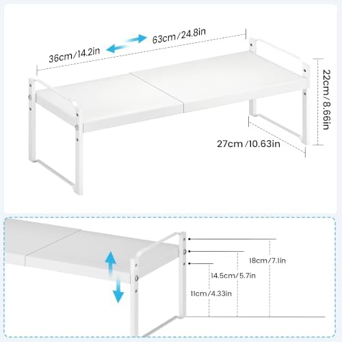 Cawukege Expandable Cabinet Organizer Shelf, Metal Countertop Storage Shelves, Heavy Duty Adjustable Spice Rack Stackable for Kitchen Pantry Storage Rack (White, 14.2-24.8" L x 10.63" W x 8.66" H) - Image 2