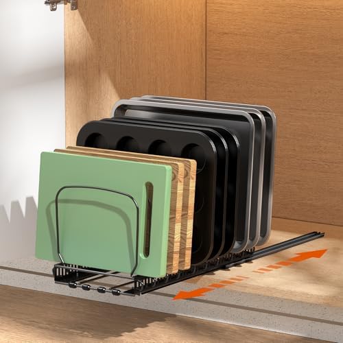 Housolution 1 Pack Baking Tray and Cookie Sheet Organizer, Cutting Board Organizer with 2 Using Methods, Bakeware Muffin Tin Storage Rack with 10 Adjustable Dividers for Cabinet, Black by Housolution