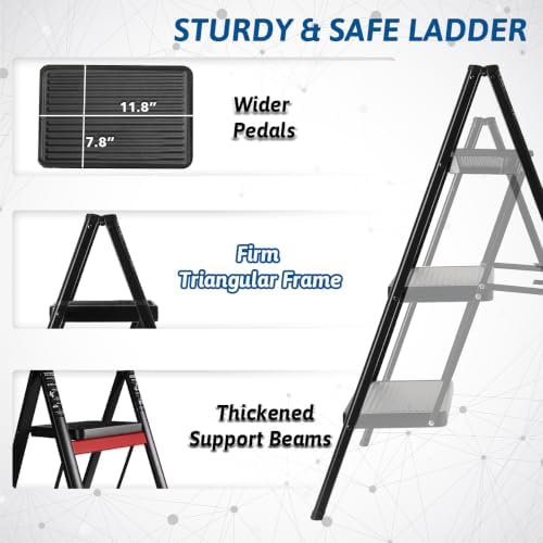 Double Elite Folding 3 Step Ladder, Sturdy Small Step Stool for Adults, Safer Full Steel Multi-use Kitchen Ladder for Home, Closet Step Stool Ladder with Wide Pedals, Black, 3-Step - Image 2
