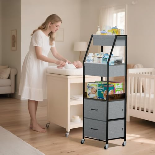 Baby Diaper Caddy Organizer and Storage - 5 Tier Rolling Cart with Dividers and Drawers, Mobile Utility Cart with Wheels for Nursery, Bedroom, Changing Table & Crib - Image 2
