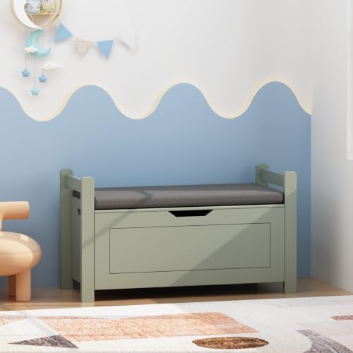 Storage Chest, Storage Bench with Cushion Seat, Toy Chest, Wooden Toy Box with 2 Safety Hinges, Shoe Bench, for Entryway, Living Room, Bedroom, Green by Unknown
