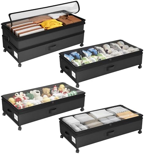 Kitstorack 4 Pack Height-adjustable Under Bed Storage with Wheels, Under Bed Storage Containers,Under Bed Shoe Storage Organizer with Clear Window&Label, Suitable for Clothes Storage, Black by Kitstorack