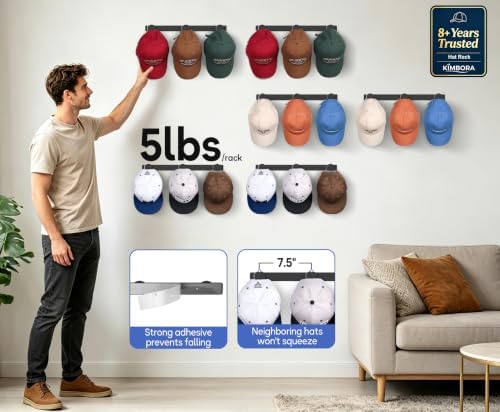 KIMBORA 6 Packs Hat Rack for Wall, Hat Organizer for Baseball Caps Holds 54 Hats, 3 Mounting Options Hat Hook Hanger, Strong Baseball Hat Holder Storage, Cap Display for Door, Room, Closet (Black) - Image 3
