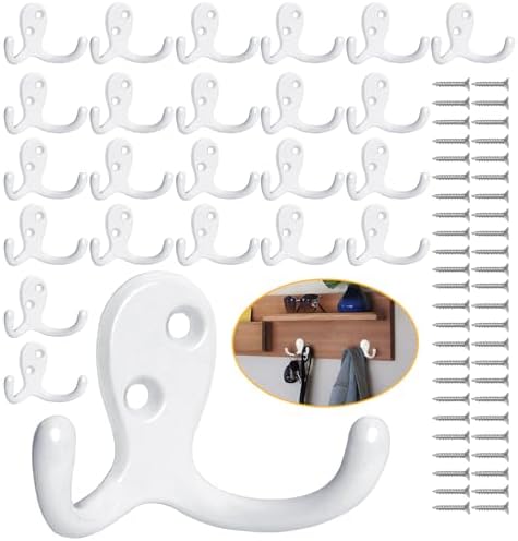 Homanu 24 Pack White Coat Hooks Wall Mounted Double Prong with 48 Screws by Homanu
