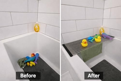 28" Bathtub Drying Rack for Bath Toys, Over-the-Tub Roll-Up Shelf & Tray - Image 3