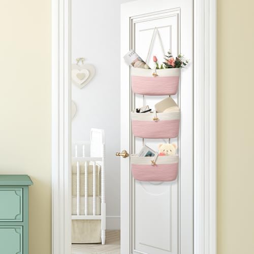 TeoKJ Over The Door Hanging Baskets with Button Strap, 3-Tier Woven Cotton Storage Organizer Bag, Wall-Mounted with Hook Decorative Hanging Nursery Baskets - Pink+White - Image 3