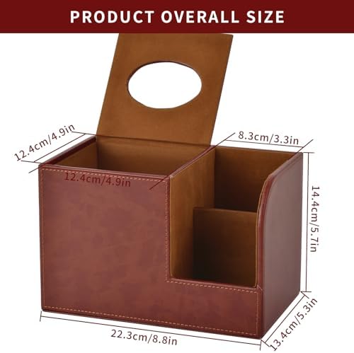 PU Leather Square Tissue Box Cover,Multifunctional Tissue Box Holder,Tissue Box with Storage,Tissue and Remote Control Holder,Tissue Box Decorative Desk Organizer for Home&Office,Brown - Image 3