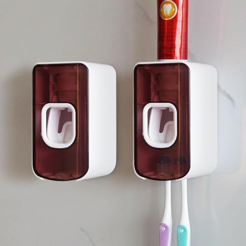 2 Slot Toothbrush Holder and Toothpaste Dispenser Wall Mounted, Automatic Toothpaste Squeezer, 2 in 1 Tooth Brush Toothpaste Organizer for Shower (Red 2Pack) by LUEXBOX