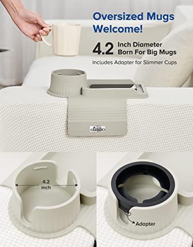 Couch Cup Holder Tray, Elimiko Silicone Sofa Drink Holder with Large Cup Holder and Tray, for Oversized Mugs/Long Remote/Snacks/Cellphone (Griege) - Image 3