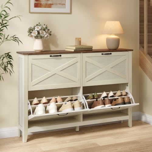 VASAGLE Farmhouse Shoe Cabinet, Narrow Storage Organizer, 4 Flip Drawers by VASAGLEbySONGMICSHOME
