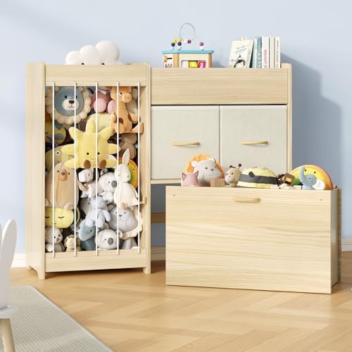 EXPERLAM Toy Storage Organizer with Stuffed Animal Holder, Solid Wood Kids Toy Shelf with 2 Drawers, Rolling Toy Chest and Top Rack, Plush Toy Storage for Bedroom, Playroom, Nursery by EXPERLAM