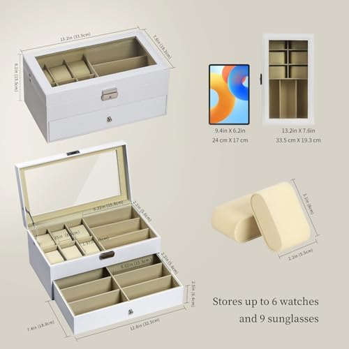 AUTOARK Leather 6 Watch Box & 9 Eyeglasses Storage Case,White,AW-131 - Image 2