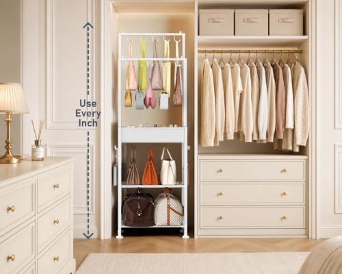 DIMJ Purse Organizer for Closet - Floor-standing Handbag Organizer Rack with 16 Hooks, Purse Storage Shelf Stand for Handbags, Totes, Wallets, Scarves, Bedroom Entryway and Walk-in Closet, White - Image 5
