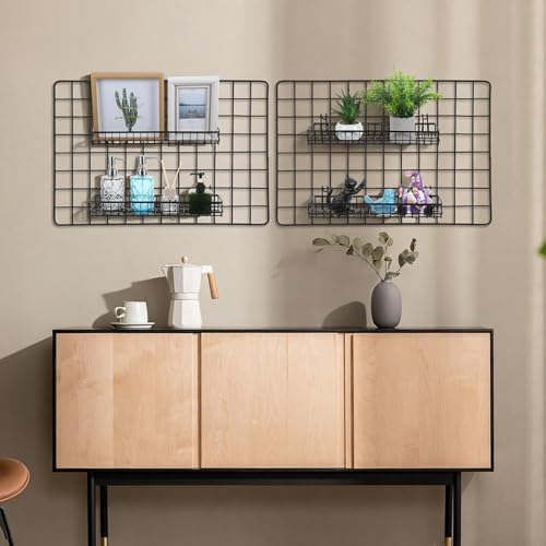 4 Pcs Black Metal Grid Wall Baskets with Hooks, Hanging Wire Storage Organizer Shelf for Kitchen Bathroom Office, 15.75 x 3.94 x 1.97 Inch - Image 5