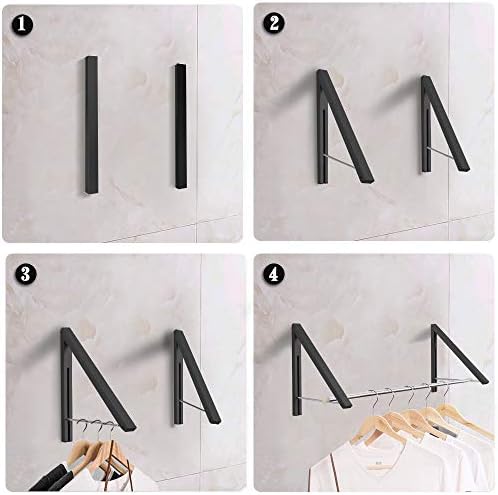 Retractable Clothes Rack - Wall Mounted Folding Clothes Hanger Drying Rack for Laundry Room Closet Storage Organization, Aluminum, 2 Racks with Rod (Black) - Image 3