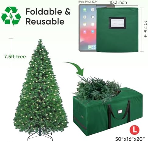 BALEINE 7.5 ft Christmas Tree Storage Bag, Heavy Duty 900D Oxford Fabric with Reinforced Handles and Dual Zippers Wide Opening, Extra Large Storage Container (Green) - Image 2