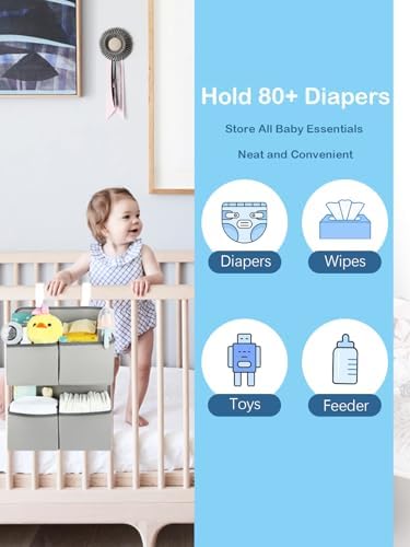 Hanging Diaper Organizer for Crib/Playard/Bassinet/Playpen – Hold 80+ Diapers - Changing Table Diaper Holder - Hanging Diaper Storage Stacker Nursery Caddy Organizer for Newborns (Silver-gray) - Image 2