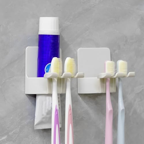 2 PCS Self-Adhesive Toothbrush Holders Wall Mounted, Water Proof Toothbrush Hook, 3 in 1 with Toothbrush Hanger Toothpaste Holder and Gargle Cup Holder for Bathroom Shower (White) by LUEXBOX
