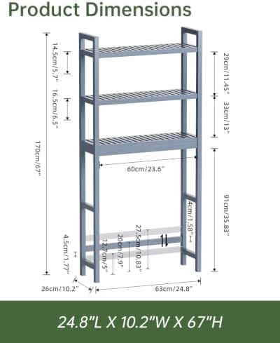 SMIBUY Bathroom Storage Shelf, Bamboo Over-The-Toilet Organizer Rack, Freestanding Toilet Space Saver with 3-Tier Adjustable Shelves (Grey) - Image 2