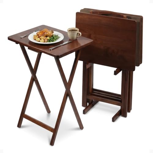 PJ Wood - 5-Piece Wooden Folding TV Tray Table Set - Honey Oak Snack Tables by PJWood