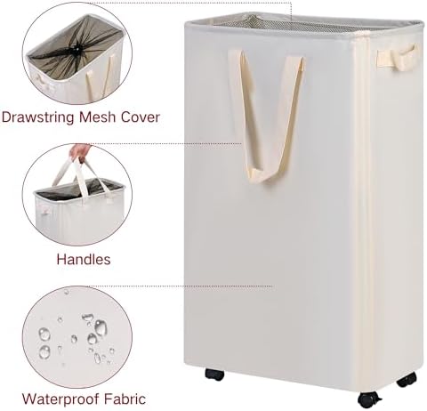 Slim Laundry Hamper with Wheels, Rolling Laundry Basket for Clothes, Small Laundry Basket for Bedroom, Dorm and Laundry Room, 75L (19.8 Gallons) Beige - Image 3