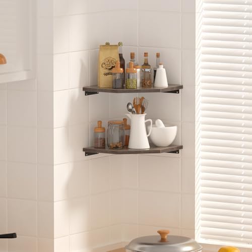 JJL Corner Shelf, 12 Inch Corner Shelf Wall Mounted with Wire Hole, 2 Tier 13.3 Inch Deep Wooden Corner Hanging Shelves for Wall Storage, for Speaker, Cable Box, Grey - Image 4