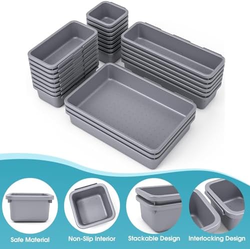 25 PCS Drawer Organizer Set, 4 Size Makeup Drawer Divider Organizer With Non-Slip Pads, Interlocking Plastic Storage Bins for Office,Jewelry Vanity,Gadgets, Bathroom,Kitchen, Grey - Image 3