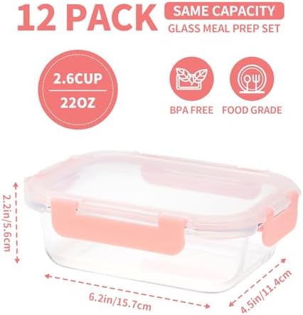 GULFLIN 12-Pack, 22oz Glass Meal Prep Containers with Lids, Pink Set - Image 2