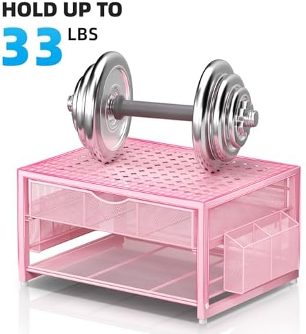 Marbrasse Metal Printer Stand for Desk with Storage Drawer and 2 Pen Holders, 2-Tier Desktop Organizer Printer Table for Home Office, Multi-Purpose Desk Organizer for Fax Machine Scanner Files(Pink) - Image 6