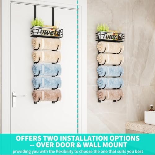 HapiRm Towel Racks for Bathroom Storage - 6 Tier Over The Door & Wall Mount Rolled Towel Storage Organizer Holder with Metal Shelf Basket for Small Bathroom, Camper, Rv - Black, Patented - Image 3