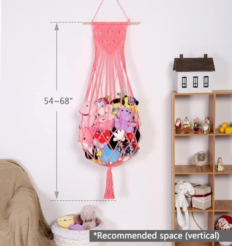 Stuffed Animal Hammock Wall Hanging Net for Stuffed Animal Net Stuffed Animal Storage Plush Toy Holder Toy Organizer for Boho Kidroom Playroom Nursery Decor (Pink) - Image 4
